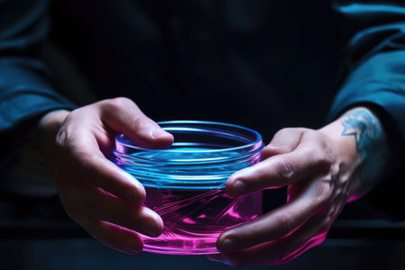 A person holding a jar of liquid in their hands. This versatile image can be used to depict concepts such as science experiments, beauty and skincare products, or even homemade remedies.の素材
