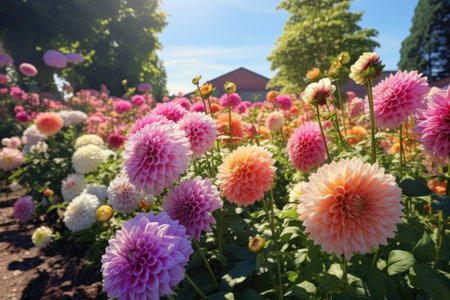 A picturesque field of colorful flowers with a charming house in the background. This image can be used to depict the beauty of nature and the tranquility of a countryside setting.の素材