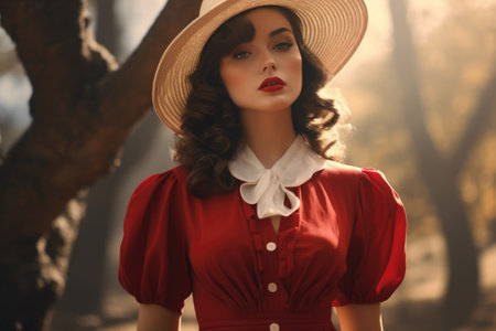 A woman wearing a red dress and a hat. Suitable for fashion, summer, and outdoor-themed projects.の素材