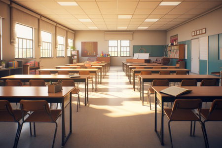 An empty classroom with neatly arranged desks and chairs. Ideal for educational concepts and school-related designs.の素材