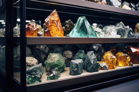 A display case filled with a variety of vibrant colored crystals. Perfect for showing the beauty of nature's creations. Ideal for science and geology enthusiasts, jewelry makers, or interior designers looking for unique decor inspiration.の素材