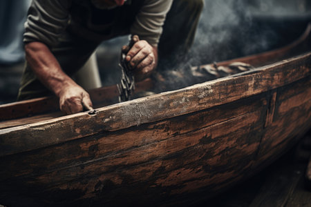 A man is seen diligently working on a wooden boat. This image can be used to depict craftsmanship, woodworking, or boat building.の素材