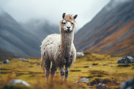 A picture of a llama standing in a field with majestic mountains in the background. This image can be used to depict the beauty of nature and the peacefulness of rural landscapes.の素材