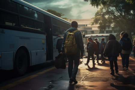 A group of people walking down a street next to a bus. This image can be used to depict urban life and public transportation.の素材