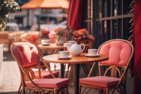 A simple and elegant table setup with two chairs and a tea pot. Perfect for home decor or a cozy tea party.の素材