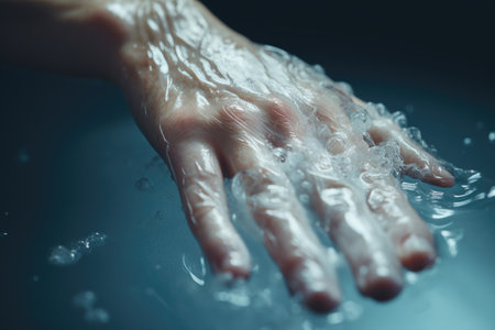 A close-up shot of a person's hand immersed in water. Perfect for illustrating concepts related to relaxation, hydration, or personal care.の素材