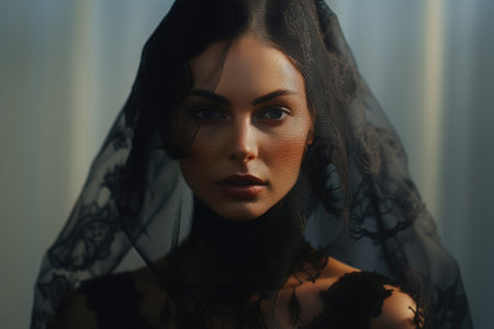 A woman wearing a veil on her head. This image can be used to depict traditional or cultural practices, religious ceremonies, or as a symbol of mystery and elegance.の素材