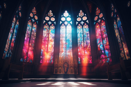 A picture showcasing a church with numerous stained glass windows. This image can be used to depict religious architecture or to create an atmosphere of serenity and spirituality.の素材