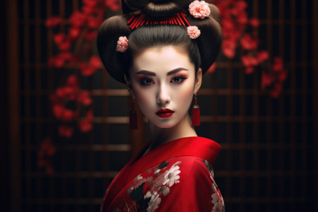 A stunning woman wearing a red kimono adorned with vibrant flowers in her hair. Perfect for cultural and fashion-related projects.の素材