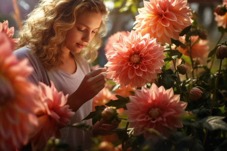 A young girl is captured in the moment as she delicately smells a flower in a beautiful garden. This image can be used to depict the innocence and wonder of childhood or to represent the beauty of nature.の素材