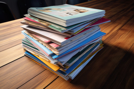 A stack of books placed neatly on top of a wooden table. Perfect for educational or library-related designs.の素材