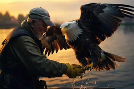 A bald eagle gracefully lands on a person's hand. This captivating image captures the incredible bond between humans and wildlife. Perfect for illustrating concepts of trust, freedom, and nature.の素材
