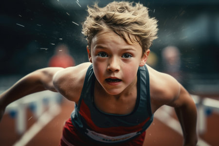 A young boy is captured in action as he runs on a track. This image can be used to depict sports, physical fitness, or the determination and energy of youth.の素材