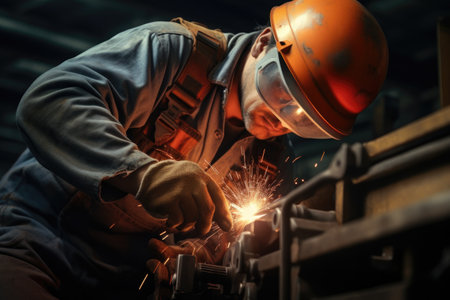 A man wearing a hard hat is seen welding a piece of metal. This image can be used to illustrate industrial work or construction projects.の素材
