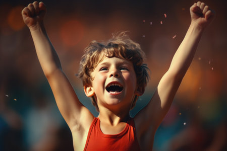 A young boy expressing joy and excitement by raising his arms. Perfect for capturing moments of happiness and celebration.の素材