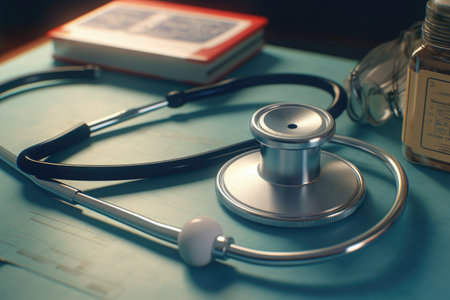 A stethoscope is placed on top of a blue table. This image can be used to represent medical equipment or healthcare concepts.の素材