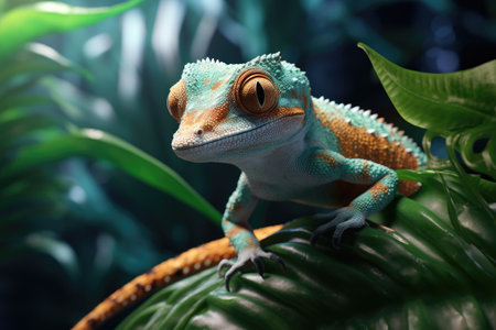 A detailed close-up view of a lizard perched on a green leaf. This image can be used to showcase reptiles, nature, or wildlife.の素材