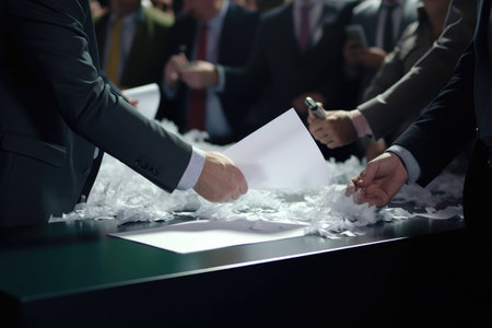 A group of people engaged in cutting a piece of paper. This image can be used to depict teamwork, collaboration, creativity, or arts and crafts activities.の素材