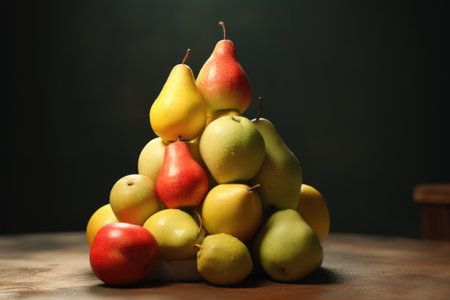 A pile of fruit sitting on top of a wooden table. This image can be used for various purposes, such as food blogs, recipe websites, and healthy eating articles.の素材