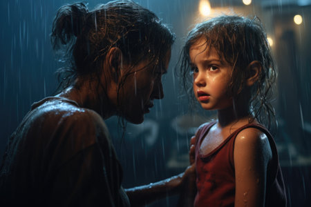 A woman and a little girl standing in the rain. This image can be used to depict a rainy day or the bond between a mother and daughter. Suitable for various projects and designs.の素材