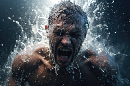A picture of a man in the water with his mouth open. This image can be used to depict surprise, joy, or a refreshing experience.の素材