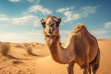 A picture of a camel standing in the middle of a desert. Suitable for travel and adventure themes.の素材
