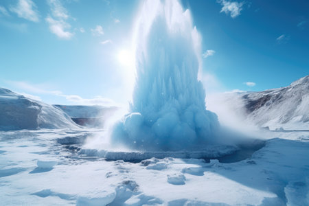 A geyser surrounded by a snowy landscape. Perfect for travel brochures or winter-themed designs.の素材