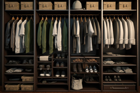 A spacious walk-in closet showcasing a wide variety of stylish clothes. Perfect for fashion enthusiasts and wardrobe organization.の素材