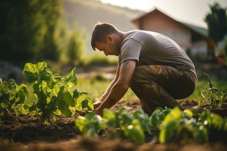 A man kneeling down in a garden, carefully picking lettuce. This image can be used to illustrate gardening, healthy eating, or sustainable living.の素材