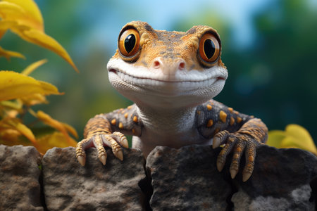A close-up photograph of a lizard perched on a rock. This image can be used for educational purposes or in articles about reptiles and wildlife.の素材