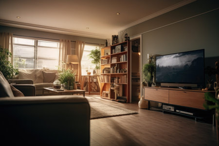 A comfortable living room filled with stylish furniture and featuring a modern flat screen TV. Perfect for showcasing a contemporary home interior. .の素材