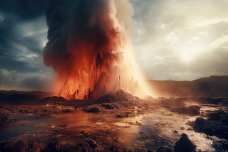 A large plume of smoke is captured rising out of the ground. This image can be used to depict fire incidents, environmental concerns, or dramatic scenes.の素材