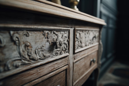 A detailed view of a dresser in a room. This image can be used to showcase interior design, organization, or home decor ideas.の素材