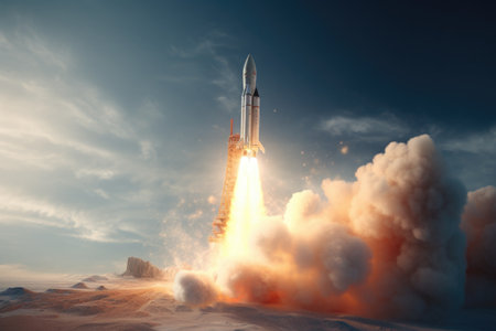 A powerful rocket taking off into the sky. Perfect for illustrating space exploration and technological advancements.の素材