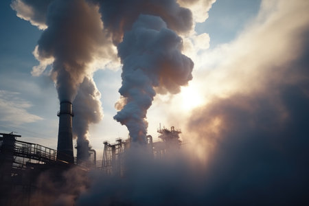 Smoke billowing out from a factory chimney. This image captures the industrial activity and pollution caused by the factory. It can be used to illustrate environmental issues or the impact of industrialization.の素材