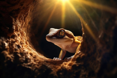 A curious geckole can be seen peeking out of a hole in a tree. This image captures the natural behavior of the geckole in its habitat. Perfect for nature-themed projects and educational materials.の素材