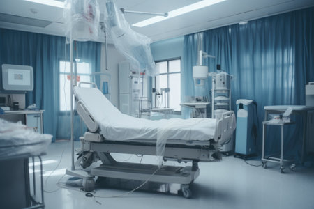 A hospital room featuring a hospital bed and various medical equipment. This image can be used to depict a healthcare setting or to illustrate the concept of medical treatment.の素材