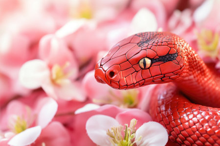 A close-up shot of a red snake surrounded by colorful flowers.の素材