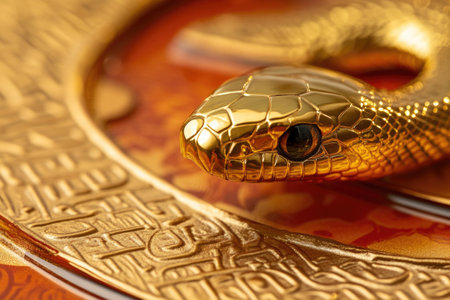A close-up shot of a golden snake coiled around a plate, great for food or luxury themed designs.の素材