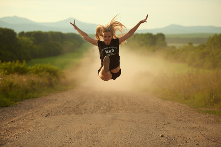 Nature Fitness summer sunset shoot professional gymnast girlの写真素材