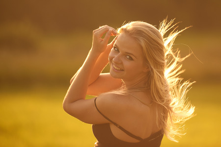 Girl Sunset happy smile professional model and photografの写真素材