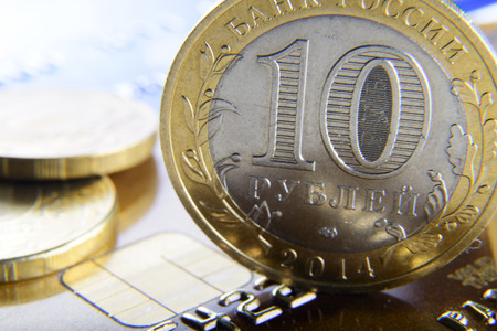 coins on a bank cardの写真素材