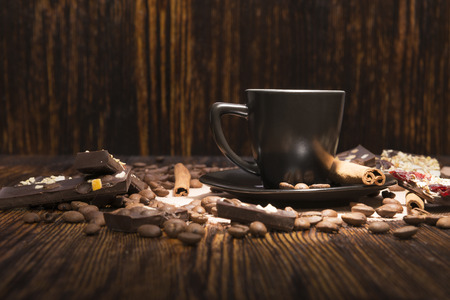 cup of coffee on a wooden backgroundの写真素材