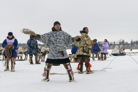 Throwing Tynzyan to khorey on a holiday "Day of the reindeer herders" on Yamalのeditorial素材