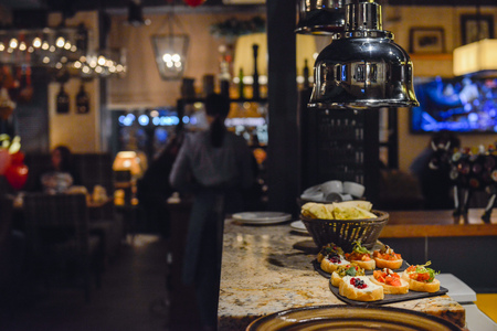 Abstract blurred restaurant or cafe interior background. Blurred background. Retro restaurant interior background.の写真素材