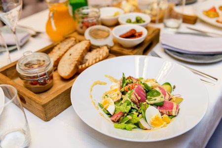 Nice restaurant food. Serving the table with a variety of food