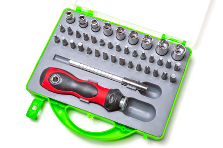 Budget hand tool.Mechanical handle and attachments in the form of heads and screwdrivers.In the...