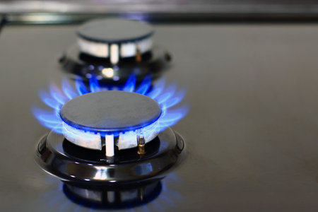 Blue flames of gas burning from a kitchen gas stove. Gas cooker with burning flames of propane gas....