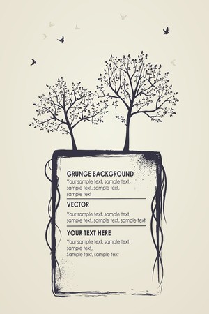 Grungy natural background. Silhouettes of trees and birdsのイラスト素材