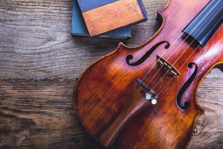 Ancient violin on the background of old unplaned boardsの写真素材